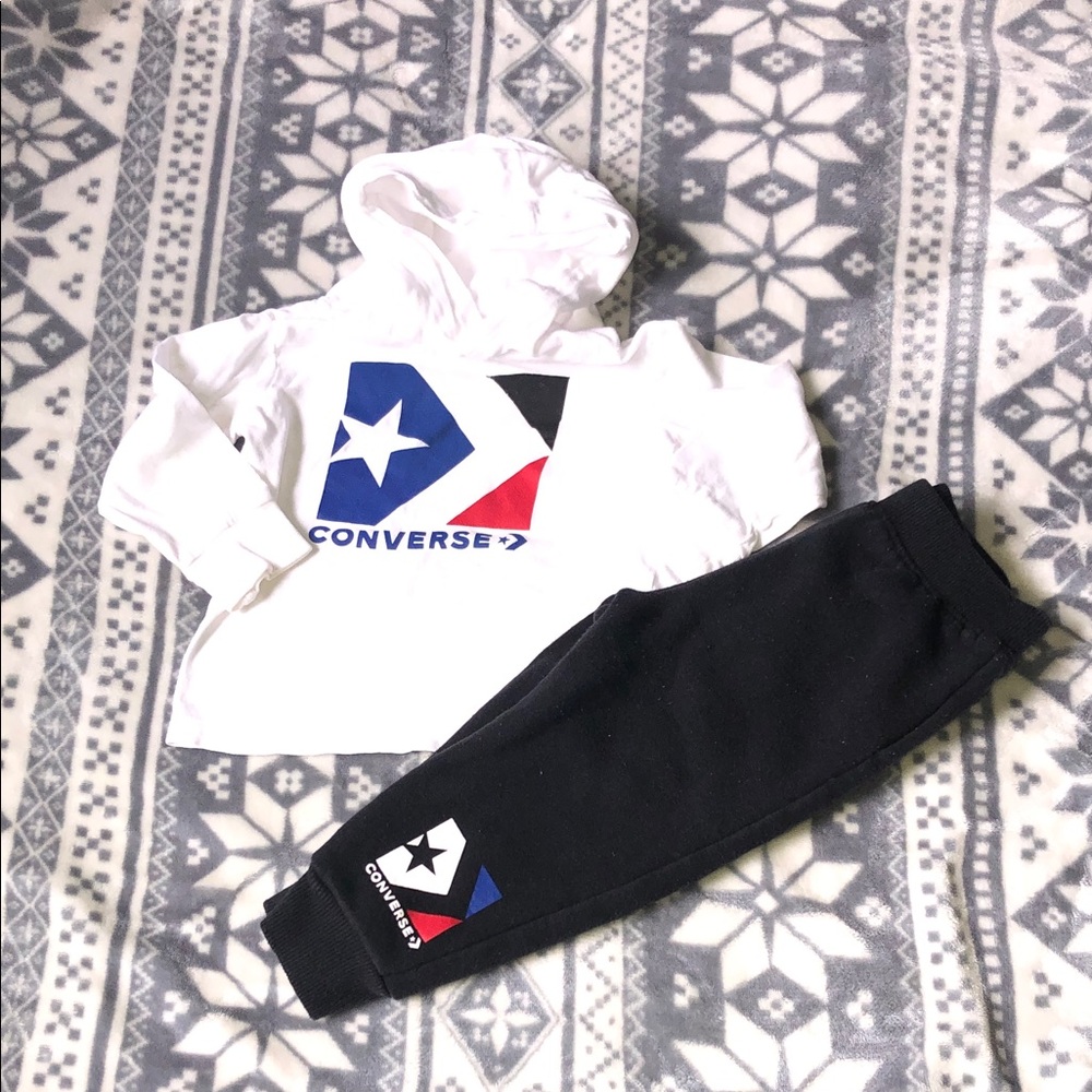 Converse White Hoodie & Black Joggers with Blue and Red Logo
